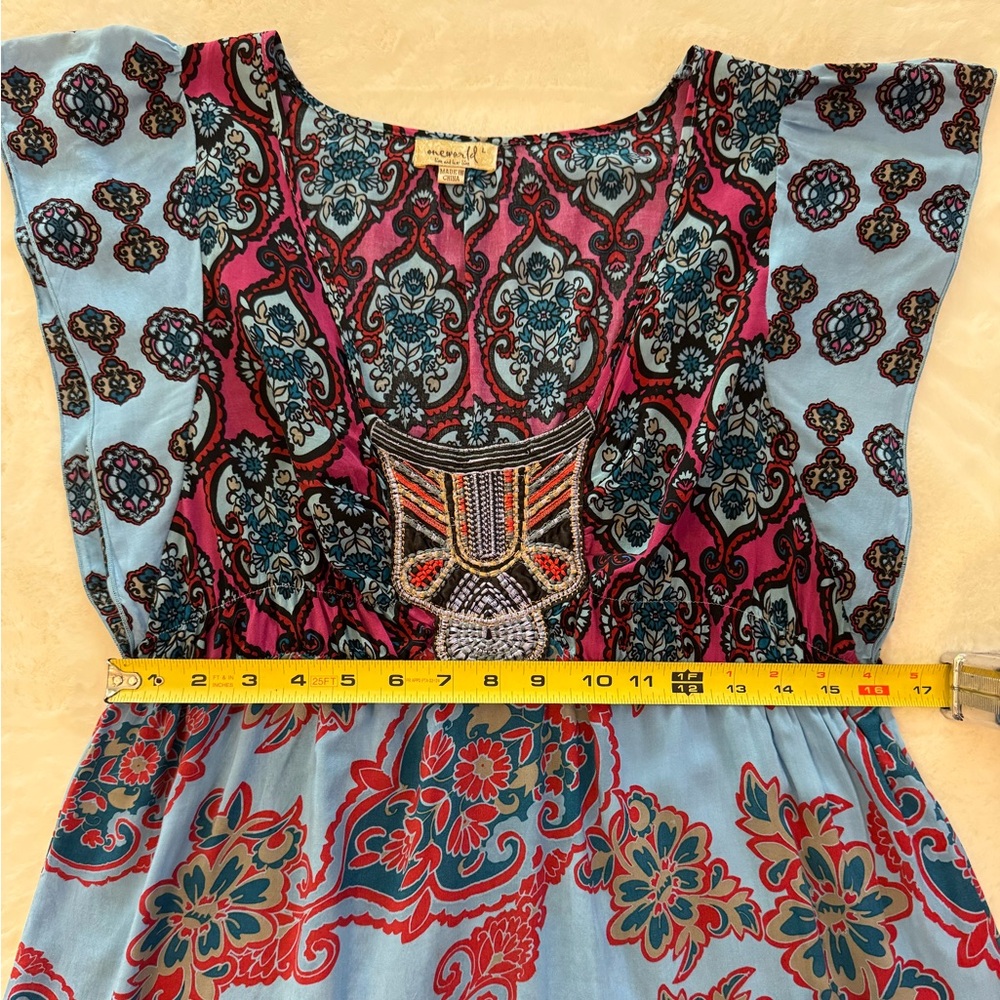 One World Blue & Pink Babydoll, Embroidered chest Top, Loose Boho Chic- size L - Picture 13 of 14